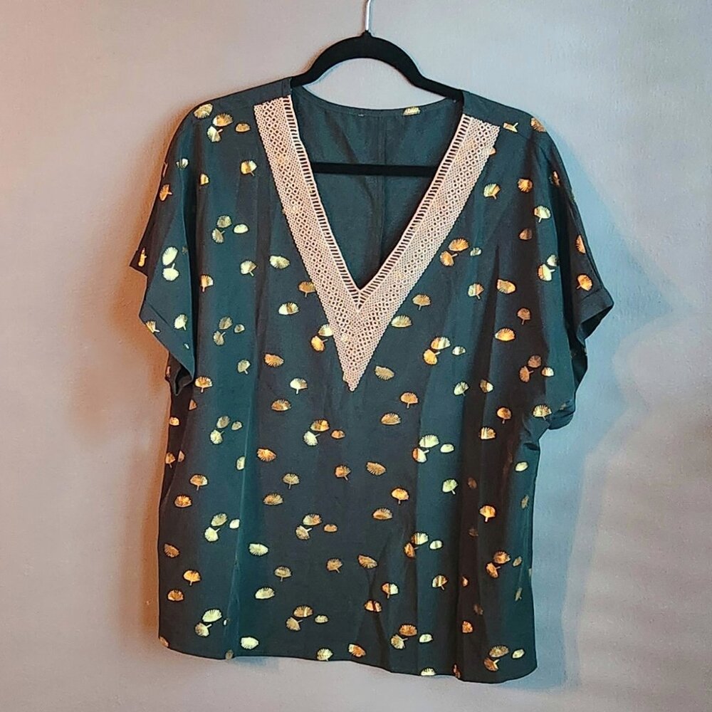 2x Shein Green Gold Feather Blouse